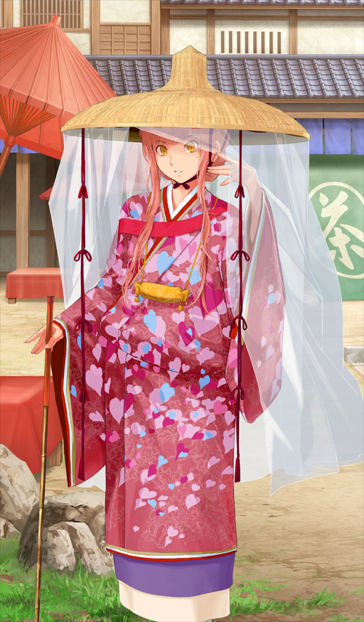 1girl blush breasts cnoc_na_riabh_(exhibition_attire)_(fate) cnoc_na_riabh_(fate) fate/grand_order fate_(series) floral_print hair_bun ichimegasa japanese_clothes kimono long_hair long_sleeves looking_at_viewer medb_(fate) medium_breasts official_art pink_hair pink_kimono sidelocks single_hair_bun smile solo takayama_kisai veil wide_sleeves yellow_eyes