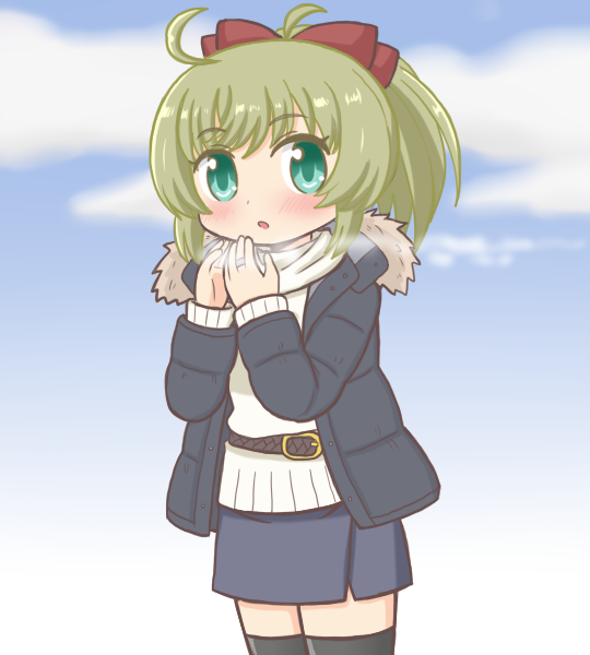 1girl :o anna_mel bad_id bad_pixiv_id black_jacket black_thighhighs blue_skirt breath cloud commentary_request cosplay cowboy_shot fur-trimmed_jacket fur_trim green_eyes green_hair hands_up izumi_kanagi izumi_kanagi_(cosplay) izumi_kanagi_(winter_costume) jacket long_hair long_sleeves looking_at_viewer magia_record:_mahou_shoujo_madoka_magica_gaiden mahou_shoujo_madoka_magica official_alternate_costume open_clothes open_jacket open_mouth outdoors ponytail reverse_(bluefencer) scarf skirt sky solo standing sweater thighhighs white_sweater winter_clothes
