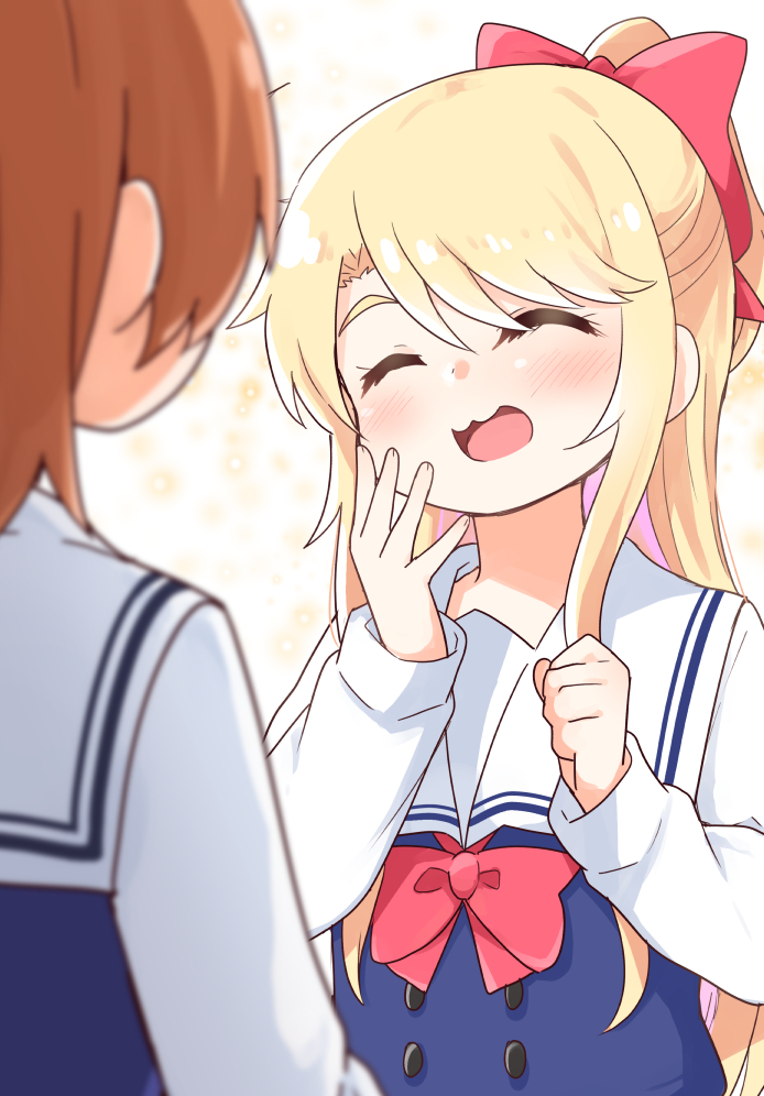2girls :3 blonde_hair blue_dress blurry blurry_foreground blush bow brown_hair closed_eyes dress hair_between_eyes hair_bow hands_up himesaka_noa hoshino_hinata long_hair long_sleeves mukunoki_nanatsu multiple_girls open_mouth red_bow sailor_collar sailor_dress school_uniform short_hair smile thick_eyebrows upper_body watashi_ni_tenshi_ga_maiorita! white_sailor_collar