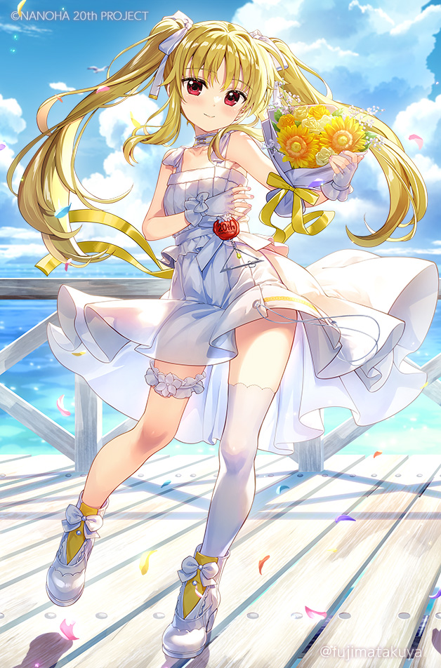 1girl bare_shoulders blonde_hair blush boots bouquet bow closed_mouth cloud cloudy_sky collarbone commentary_request day dress fate_testarossa fingerless_gloves flower fujima_takuya gloves hair_bow high_heel_boots high_heels holding holding_bouquet horizon long_hair looking_at_viewer lyrical_nanoha mahou_shoujo_lyrical_nanoha ocean official_art outdoors petals red_eyes single_thighhigh sky smile solo standing standing_on_one_leg thighhighs thighhighs_under_boots twintails very_long_hair water white_boots white_bow white_dress white_gloves white_thighhighs yellow_flower