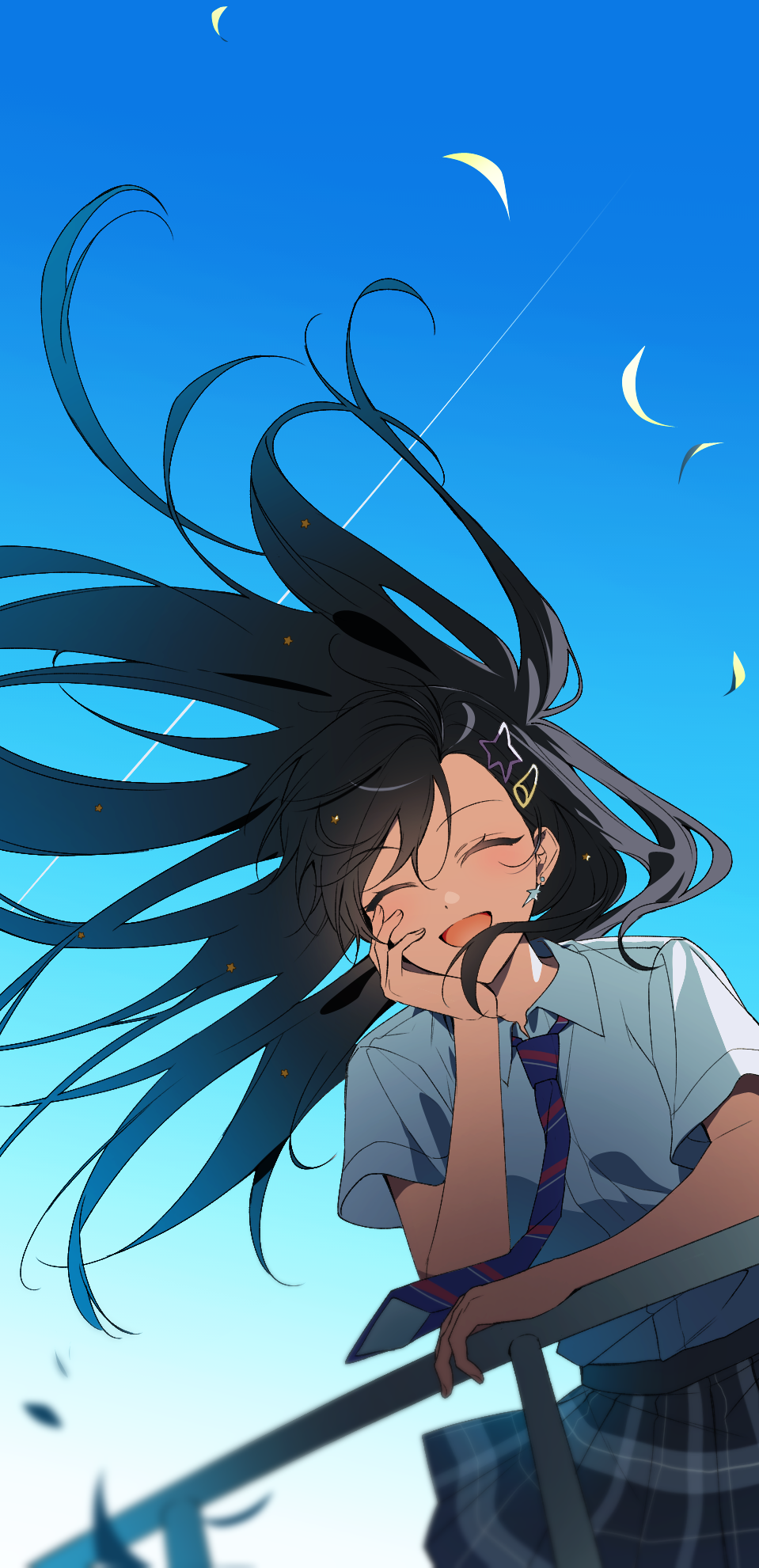 1girl black_hair blue_necktie closed_eyes collared_shirt commentary dress_shirt floating_hair grey_skirt hair_ornament hairclip highres kamiyama_high_school_uniform_(project_sekai) long_hair mikan_(migwang) necktie open_mouth plaid_clothes plaid_skirt pleated_skirt project_sekai railing school_uniform shiraishi_an shirt skirt solo white_shirt