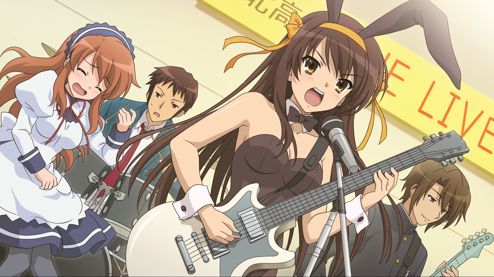 2boys 2girls animal_ear_hairband animal_ears asahina_mikuru black_bow black_bowtie black_leotard bow bowtie brown_eyes brown_hair closed_eyes detached_collar drum drum_set dutch_angle fake_animal_ears gakuran game_cg guitar hairband highres instrument kita_high_school_uniform koizumi_itsuki kouyouen_academy_school_uniform kyon leotard long_hair maid multiple_boys multiple_girls necktie official_art open_mouth playboy_bunny rabbit_ears red_necktie school_uniform strapless strapless_leotard suzumiya_haruhi suzumiya_haruhi_no_shoushitsu suzumiya_haruhi_no_tsuisou suzumiya_haruhi_no_yuuutsu teeth third-party_source upper_teeth_only wrist_cuffs