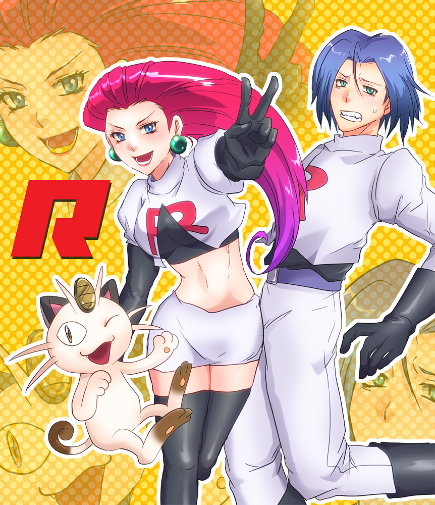 1boy 1girl black_gloves blue_eyes blue_hair boots creatures_(company) crop_top earrings elbow_gloves game_freak gen_1_pokemon gloves green_eyes hair_slicked_back james_(pokemon) jessie_(pokemon) jewelry kdm_72k logo meowth midriff nintendo one_eye_closed pink_hair pokemon pokemon_(anime) pokemon_(classic_anime) pokemon_(creature) single_letter skirt sphere_earrings team_rocket team_rocket_uniform thigh_boots white_skirt yellow_background