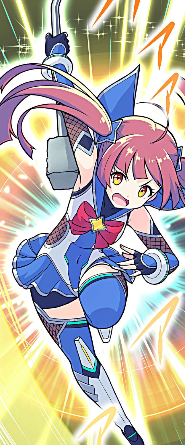 1girl bodysuit bow brown_hair fingerless_gloves fingernails gloves hair_ornament hairclip highres holding holding_weapon jumping lilith-soft long_hair looking_at_viewer official_art oma_shinobu open_mouth orange_eyes red_bow road_sign sign skin_tight skirt star_(symbol) star_hair_ornament stop_sign taimanin_(series) taimanin_gogo! taimanin_suit thighhighs twintails unconventional_weapon weapon