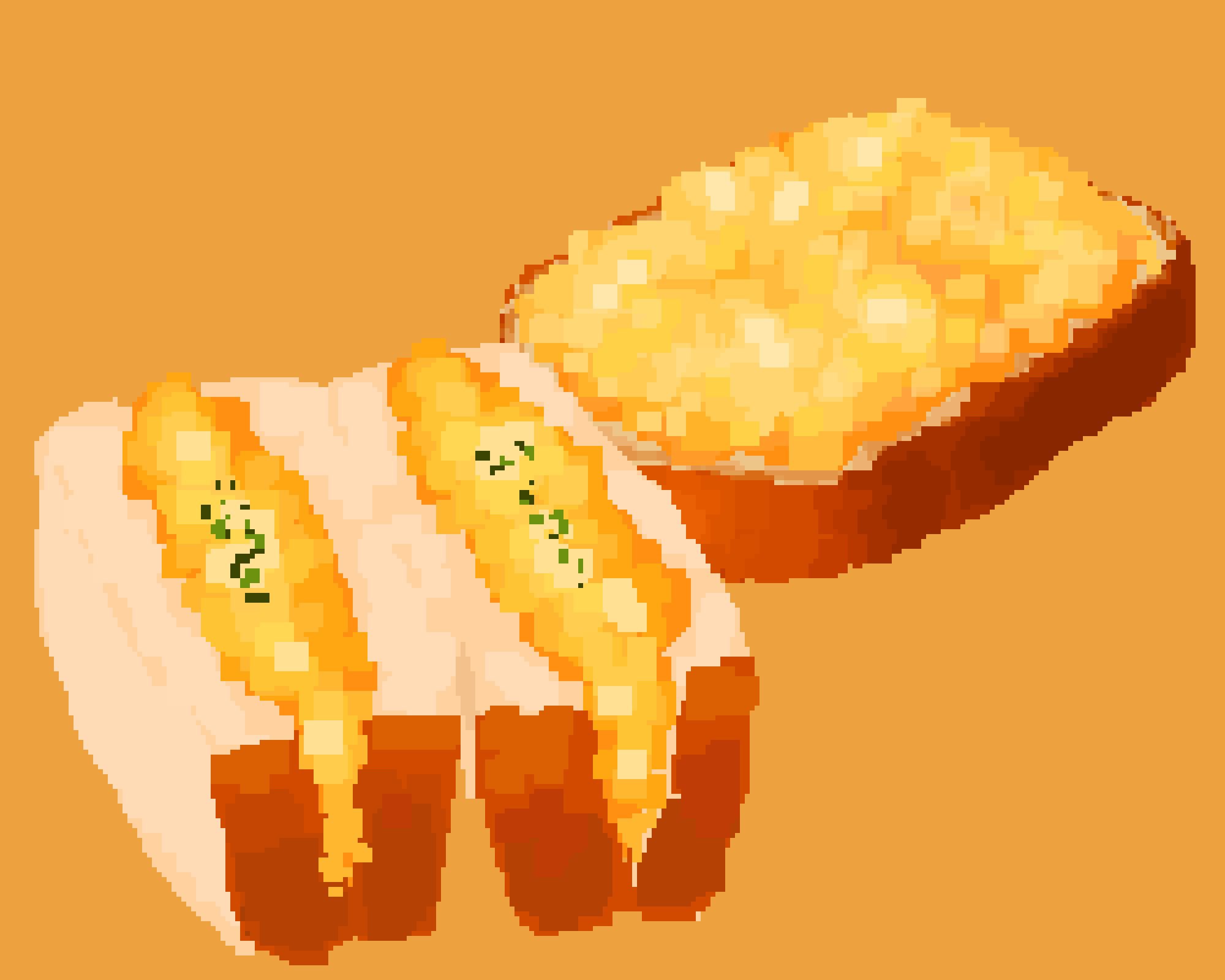 bread bread_slice food garnish highres hisachan55cute no_humans omelet omurice original pixel_art scenery scrambled_egg simple_background toast yellow_background yellow_theme