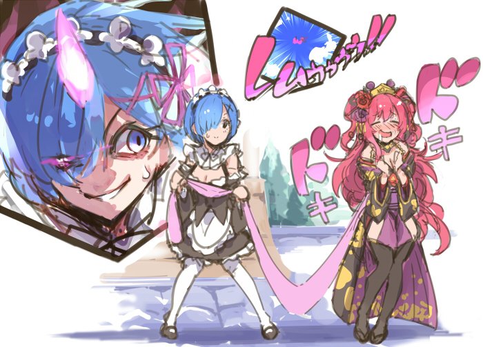 2girls black_dress black_shoes black_thighhighs blue_hair blush bob_cut breasts cleavage closed_mouth dress drooling evil_grin evil_smile glowing glowing_eye grin hair_over_one_eye holding ito_ryo kuka_(oedo)_(princess_connect!) kuka_(princess_connect!) long_hair maid maid_headdress mary_janes multiple_girls nose_blush pantyhose pink_hair princess_connect! re:zero_kara_hajimeru_isekai_seikatsu rem_(re:zero) saliva shoes short_hair smile sweatdrop thighhighs two_side_up white_pantyhose