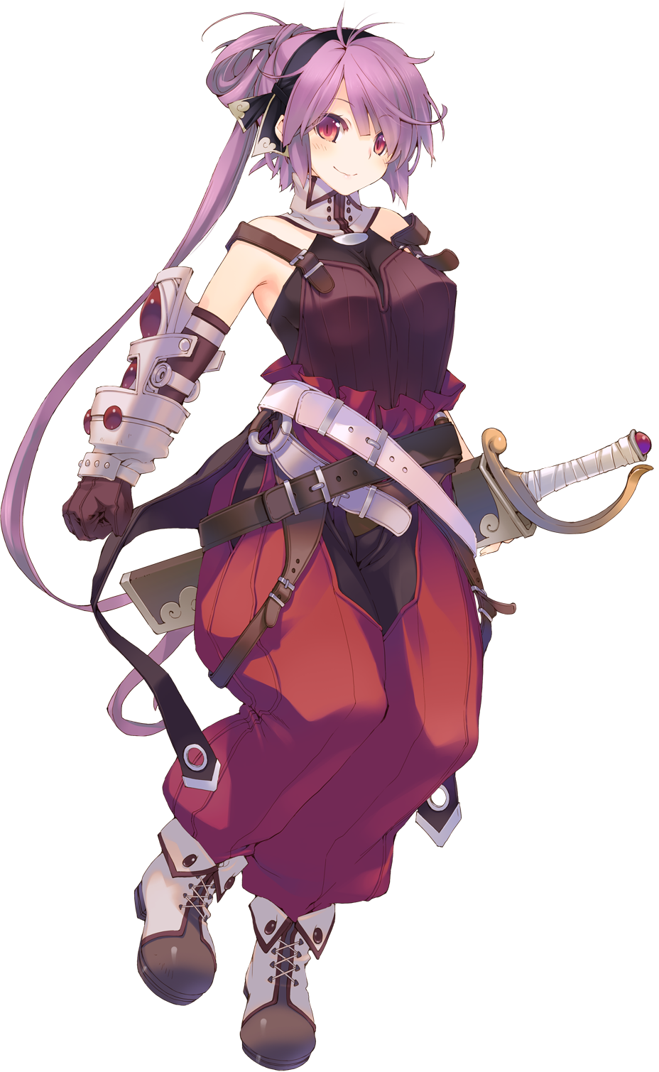 1girl aquaplus belt blush dungeon_travelers_2 female_focus full_body gauntlets gloves highres houzouji_yae kokonoka looking_at_viewer pants purple_hair red_eyes shoes smile solo standing sword transparent_background turtleneck weapon