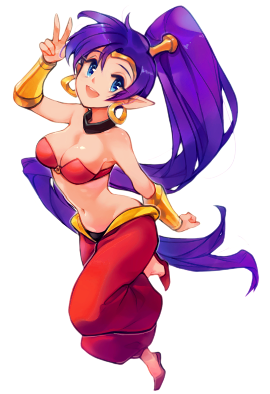 1girl baggy_pants black_collar blue_eyes bra bracer breasts cleavage collar commentary earrings full_body hand_up harem_outfit high_ponytail hoop_earrings jewelry long_hair medium_breasts navel open_mouth pants pointy_ears ponytail purple_hair red_bra red_pants red_shoes shantae shantae_(series) shoes simple_background smile solo strapless strapless_bra tachi-e transparent_background underwear v very_long_hair xiina