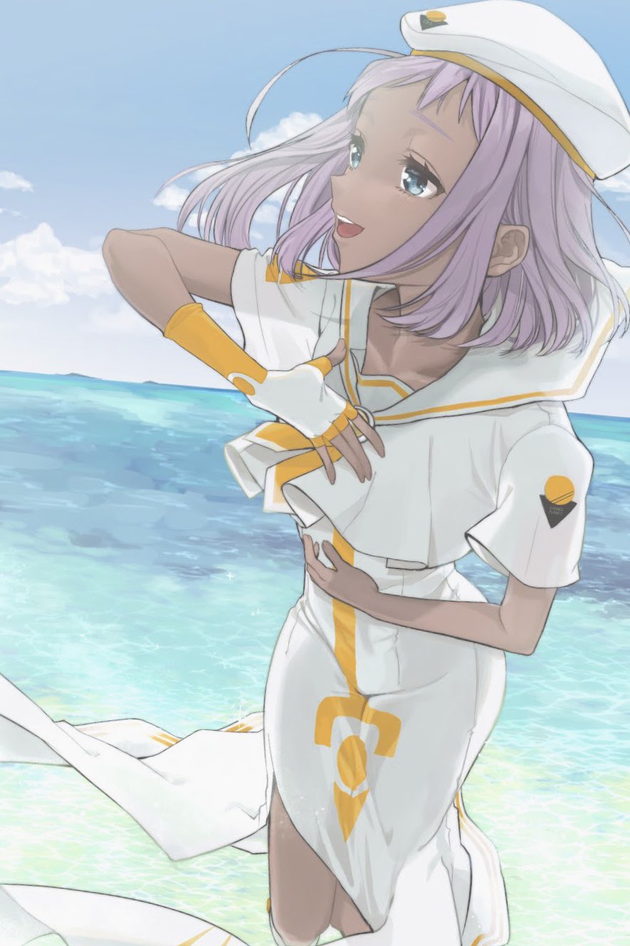 1girl aogirism aria_(manga) athena_glory beret blue_eyes cloud cloudy_sky collarbone dark-skinned_female dark_skin day dress feet_out_of_frame gloves yellow_necktie hand_on_own_chest hand_on_own_stomach hat highres impossible_clothes impossible_dress long_dress looking_to_the_side medium_hair ocean open_mouth orange_planet_uniform outdoors purple_hair sailor_collar short_sleeves single_glove sky solo teeth thighs upper_teeth_only white_dress white_hat