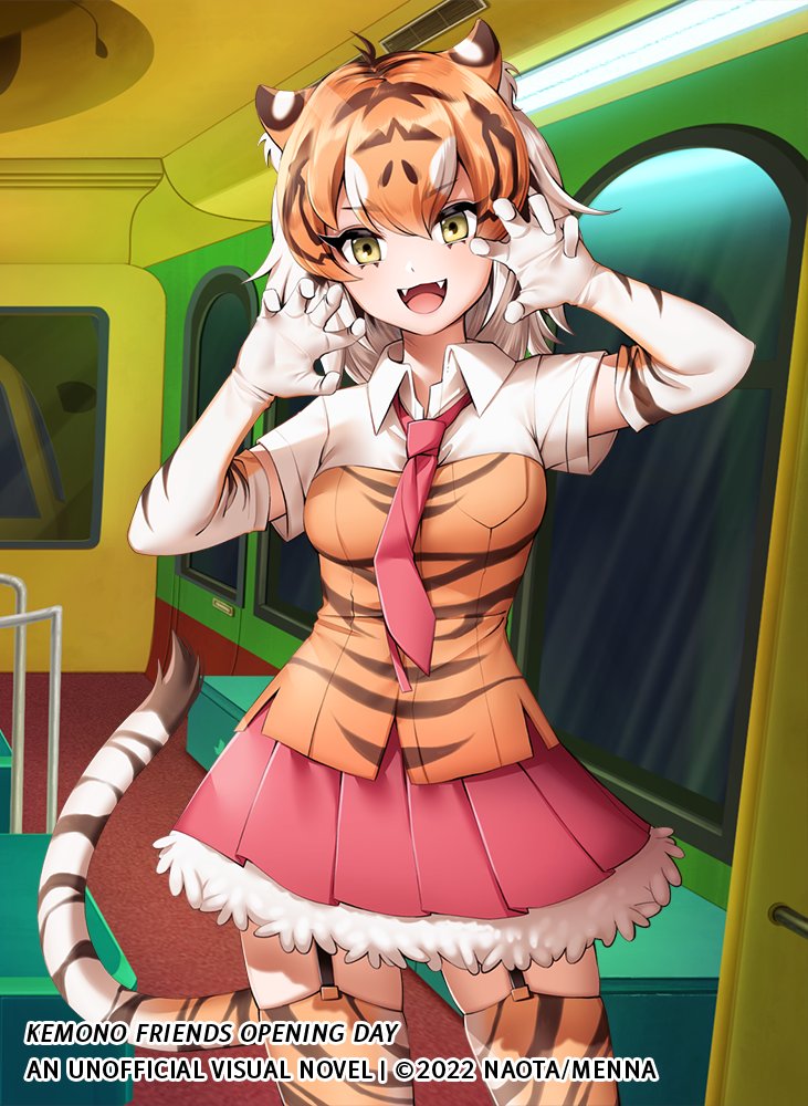 1girl alt_text animal_ears animal_print arm_up black_hair claw_pose collared_shirt colored_inner_hair commentary copyright_notice cowboy_shot elbow_gloves english_commentary fang fur_trim garter_straps gloves hand_up japari_bus kemono_friends kemono_friends_opening_day long_hair looking_at_viewer menna_(0012) miniskirt motor_vehicle multicolored_hair necktie open_mouth orange_hair pleated_skirt print_gloves print_shirt print_thighhighs red_skirt second-party_source shirt skirt smile solo sumatran_tiger_(kemono_friends) tail thighhighs tiger_ears tiger_girl tiger_print tiger_tail vehicle_interior white_hair wing_collar yellow_eyes zettai_ryouiki