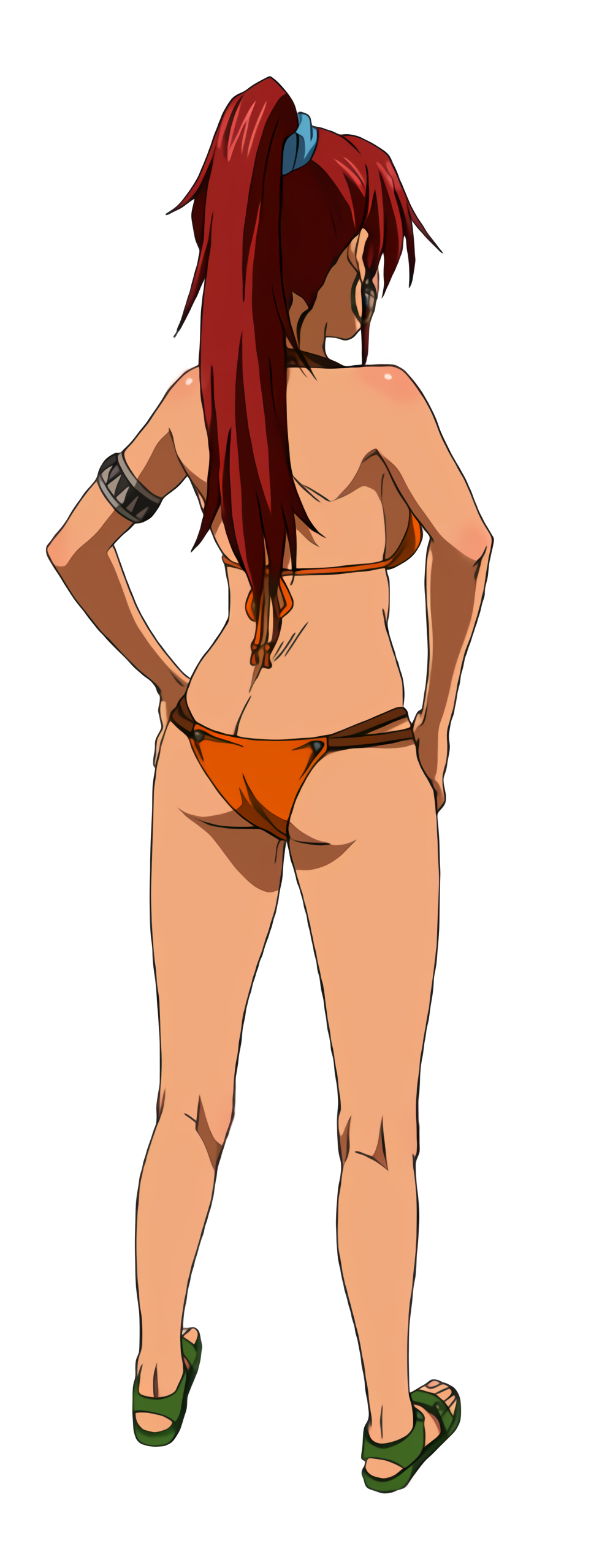 1girl absurdres ass bellows_(suisei_no_gargantia) bikini breasts butt_crack feet from_behind hands_on_own_hips highres large_breasts official_art orange_bikini ponytail red_hair sandals sideboob solo suisei_no_gargantia swimsuit thighhighs thighs