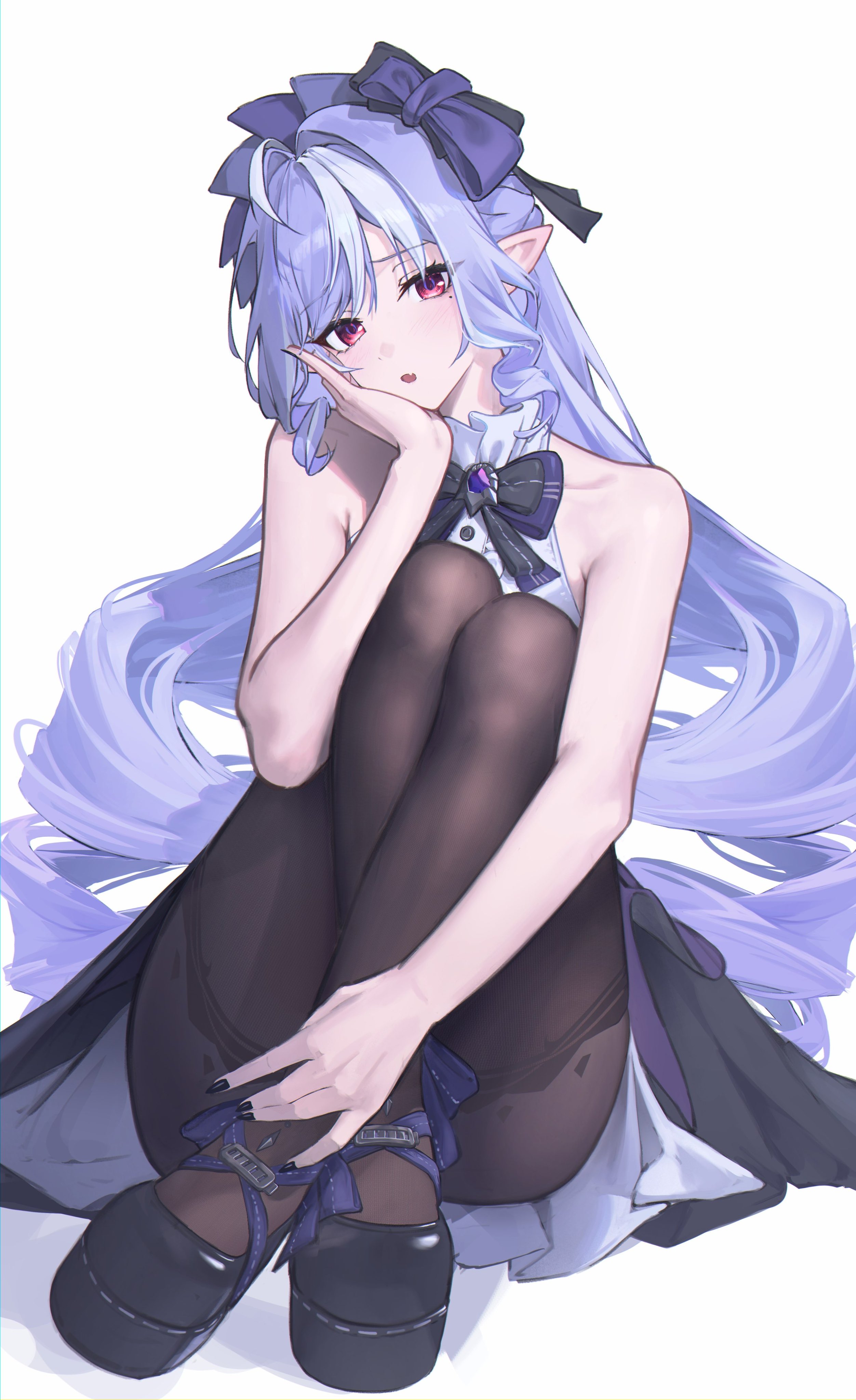1girl absurdres bare_shoulders black_nails black_pantyhose black_shoes bow bowtie commentary crossed_ankles fingernails full_body hair_bow hand_on_own_face highres knees_to_chest long_hair looking_at_viewer mole mole_under_eye multicolored_hair nail_polish pantyhose parted_lips pointy_ears purple_bow purple_bowtie purple_hair red_eyes sasa_(sasa_ekakiman) shoes sidelocks sitting solo streaked_hair very_long_hair vivian_(zenless_zone_zero) zenless_zone_zero