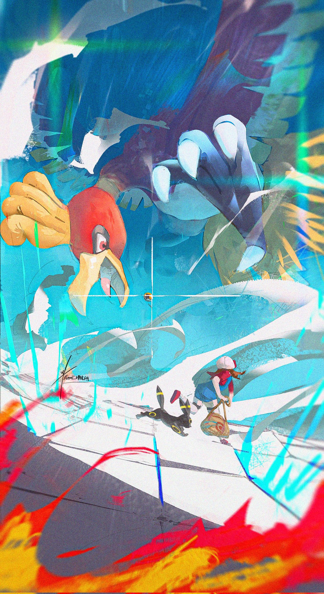 1girl bag beak bird blue_overalls brown_bag cabbie_hat dust_cloud feathers fire flying from_behind gen_2_pokemon glint green_feathers hat highres ho-oh holding holding_bag klemt_mandra leg_up legendary_pokemon looking_at_another looking_down lyra_(pokemon) multicolored_feathers nintendo overalls poke_ball pokemon pokemon_(creature) pokemon_focus pokemon_hgss red_eyes red_feathers sparkle standing standing_on_one_leg talons throwing throwing_poke_ball ultra_ball umbreon white_feathers white_hat yellow_feathers