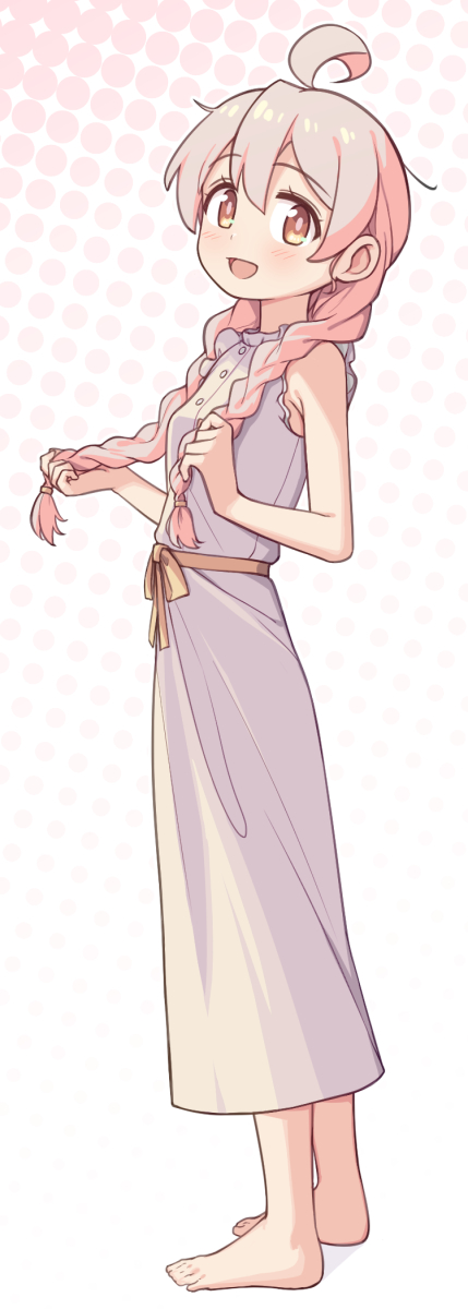 1girl ahoge armpit_crease barefoot blush braid breasts brown_eyes brown_sash dress eyelashes feet frilled_sleeves frills from_side full_body gradient_background grey_dress hair_between_eyes hands_up highres looking_at_viewer onii-chan_wa_oshimai! open_mouth oyama_mahiro pink_hair saiste sash short_sleeves sidelocks small_breasts solo standing toes twin_braids