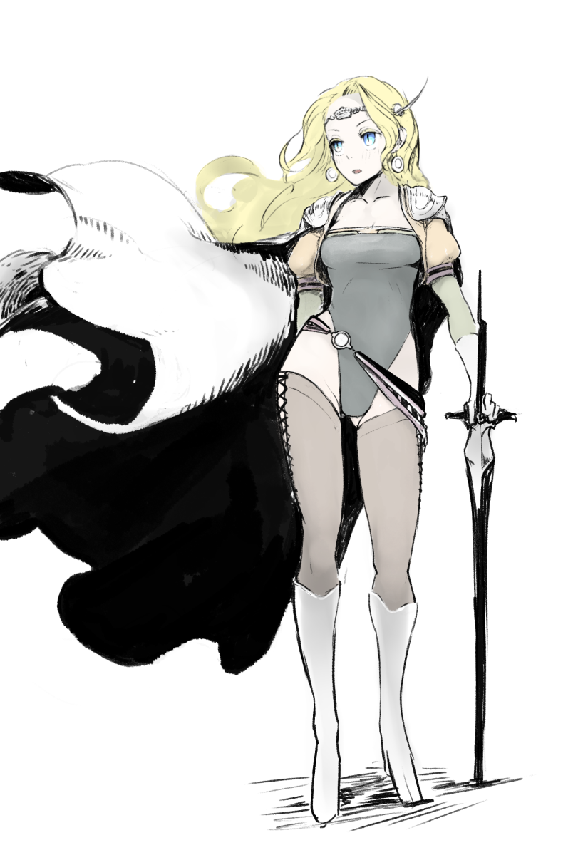 1girl blonde_hair blue_eyes boots breasts cape celes_chere earrings final_fantasy final_fantasy_vi full_body green_leotard headband highres jewelry leotard long_hair open_mouth solo sword thighhighs weapon white_background yunar