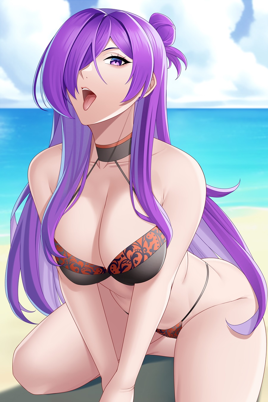 1girl aslindsamure bare_legs beach bikini blue_sky breasts cleavage female_focus female_shez_(fire_emblem) female_shez_(summer)_(fire_emblem) fire_emblem fire_emblem:_three_houses fire_emblem_heroes fire_emblem_warriors:_three_hopes highres kneeling large_breasts nintendo ocean open_mouth purple_eyes purple_hair sky swimsuit