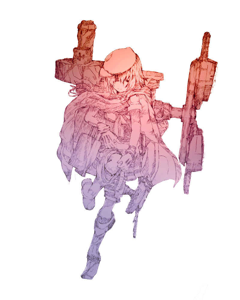 10s 1girl boots cape eyepatch facing_viewer female_focus gloves gradient_filter gurin33 hat kantai_collection kiso_(kancolle) kiso_kai_ni_(kancolle) knee_up looking_down mecha_musume monochrome simple_background sketch solo white_background white_gloves