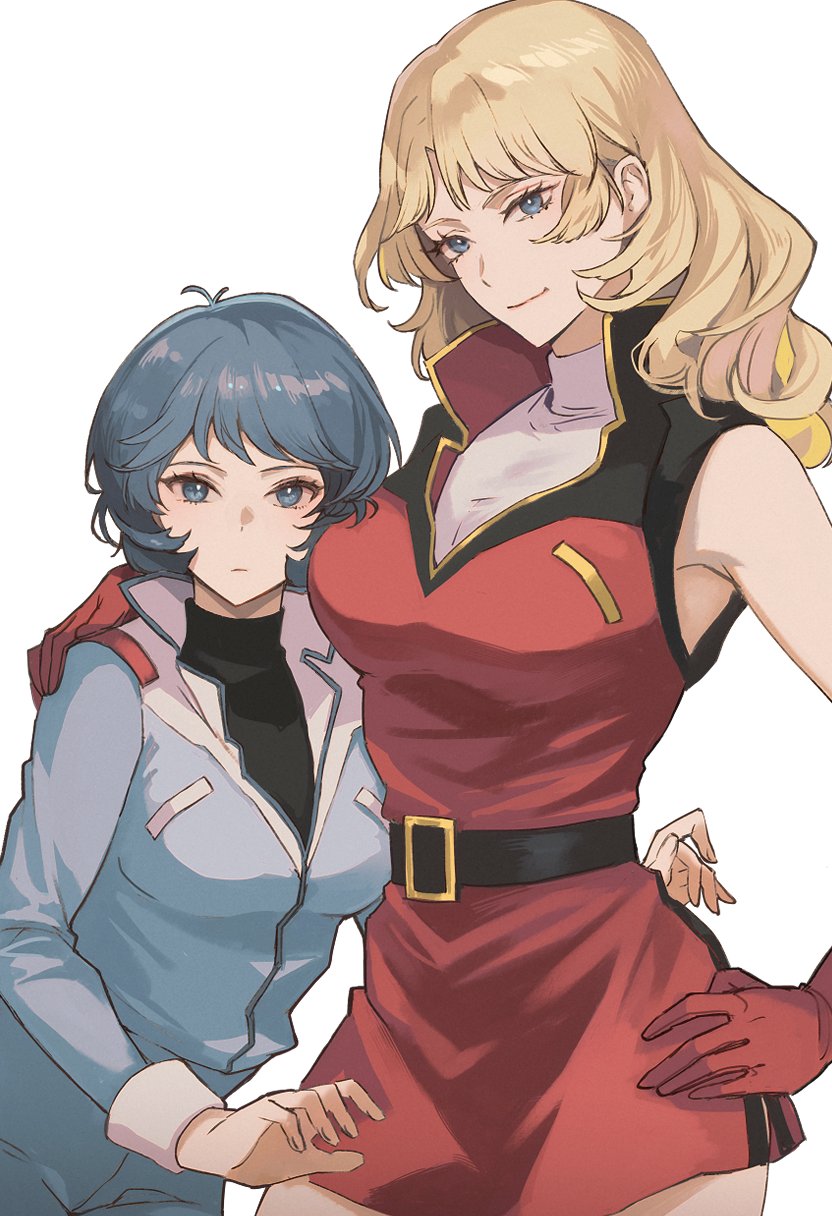 2girls armpits blonde_hair blue_eyes breasts char_aznable dress genderswap genderswap_(mtf) gloves gundam hand_on_own_hip height_difference highres kamille_bidan kasumi_(skchkko) multiple_girls quattro_bajeena red_dress red_gloves shirt white_background white_shirt zeta_gundam