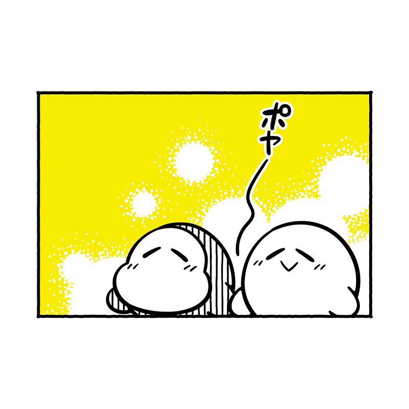 :&gt; artist_request black_border blush border closed_eyes closed_mouth greyscale_with_colored_background hatching_(texture) kirby kirby_(series) nintendo no_humans official_art second-party_source smile waddle_dee