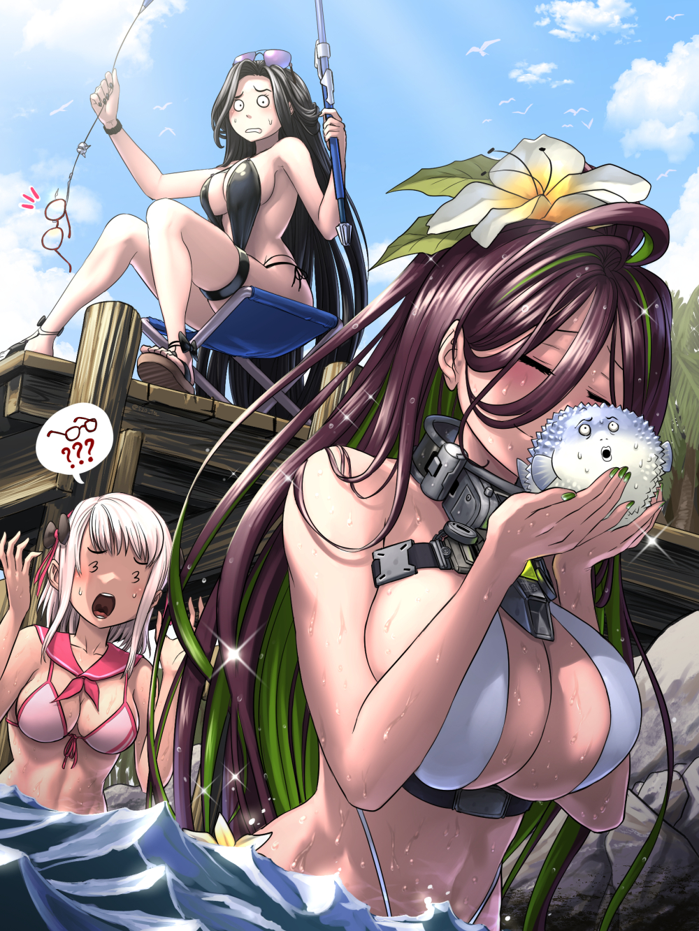 3girls :d :o alternate_costume bare_shoulders bikini black_hair breasts commentary_request eyewear_on_head fish fish_hook fishing_rod flower flower_on_head from_below goddess_of_victory:_nikke green_hair guilty_(nikke) guilty_(wave_of_disbelief)_(nikke) highres huge_breasts korean_commentary long_hair maiden_(nikke) maiden_(under_the_sun)_(nikke) medium_breasts multicolored_hair multiple_girls neon_(blue_ocean)_(nikke) neon_(nikke) official_alternate_costume open_mouth puffer_fish purple_hair semi-rimless_eyewear shocked_pupils short_hair sitting smile standing_in_water substance20 sunglasses swimsuit unworn_eyewear very_long_hair wading white_bikini white_hair
