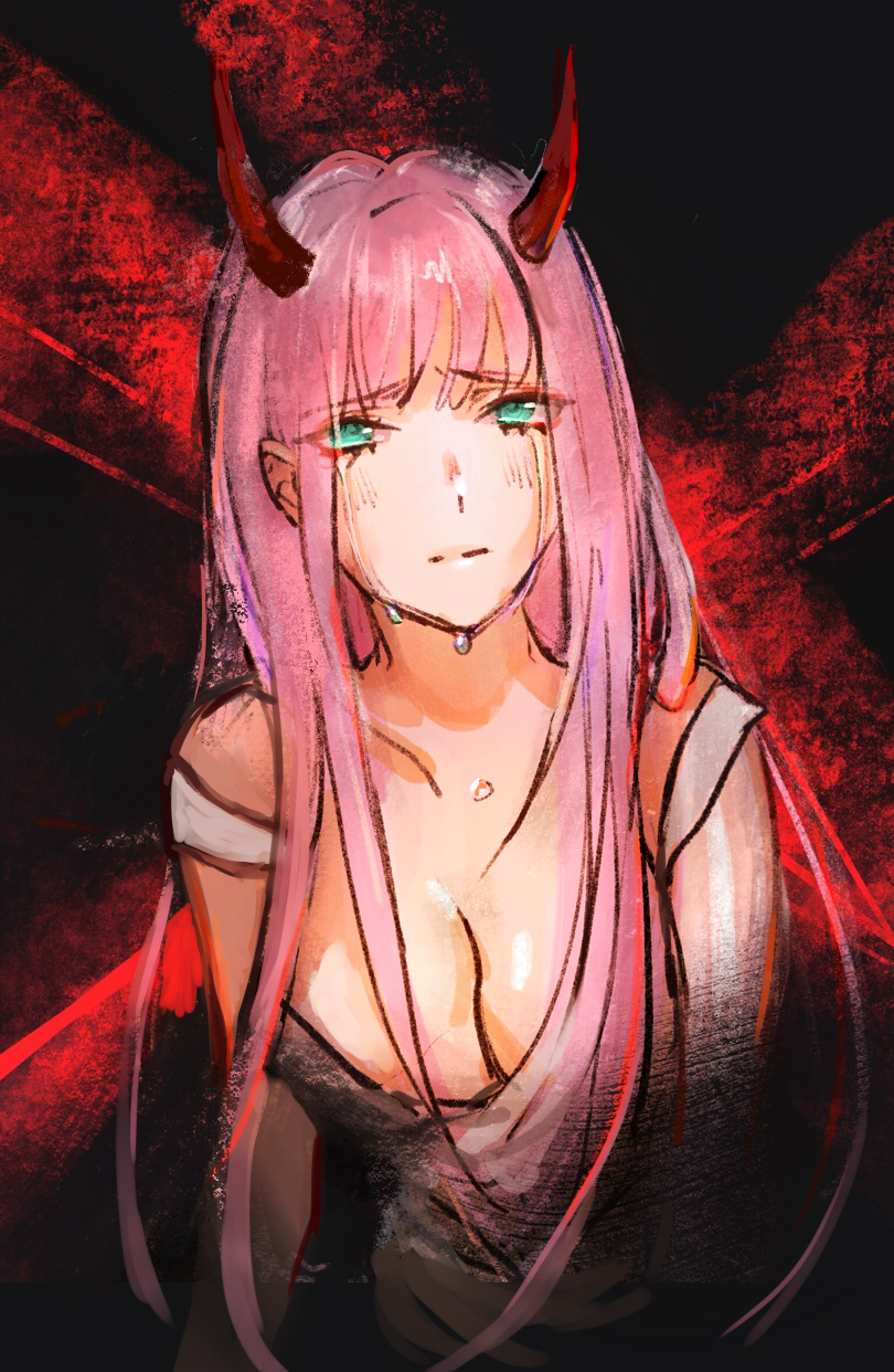 1girl breasts centimetre cleavage crying darling_in_the_franxx dress green_eyes grey_dress highres horns long_hair medium_breasts pink_hair raised_inner_eyebrows red_background red_horns solo strap_slip streaming_tears tears upper_body zero_two_(darling_in_the_franxx)