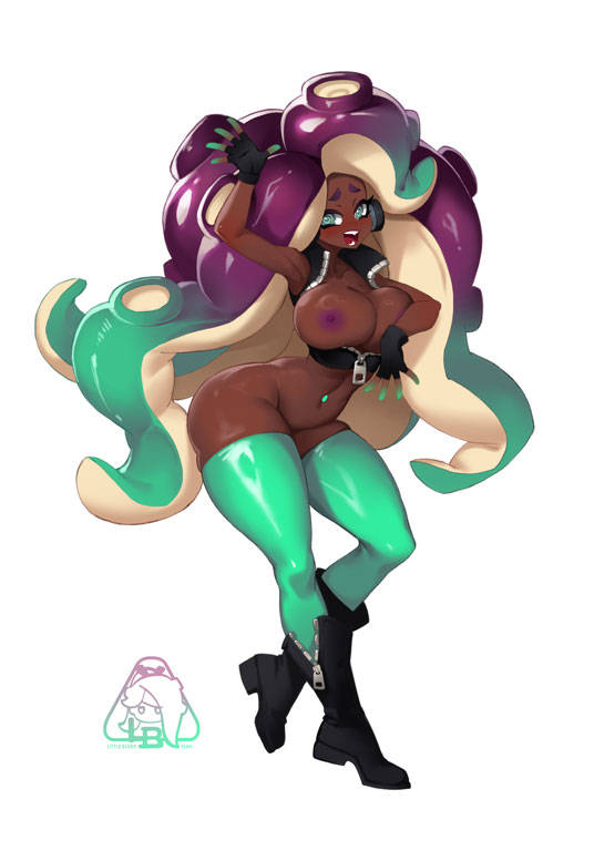 1girl breasts cephalopod_eyes dark-skinned_female dark_skin large_breasts little_blood marina_(splatoon) nipples octoling solo splatoon_(series) splatoon_2 suction_cups tentacle_hair