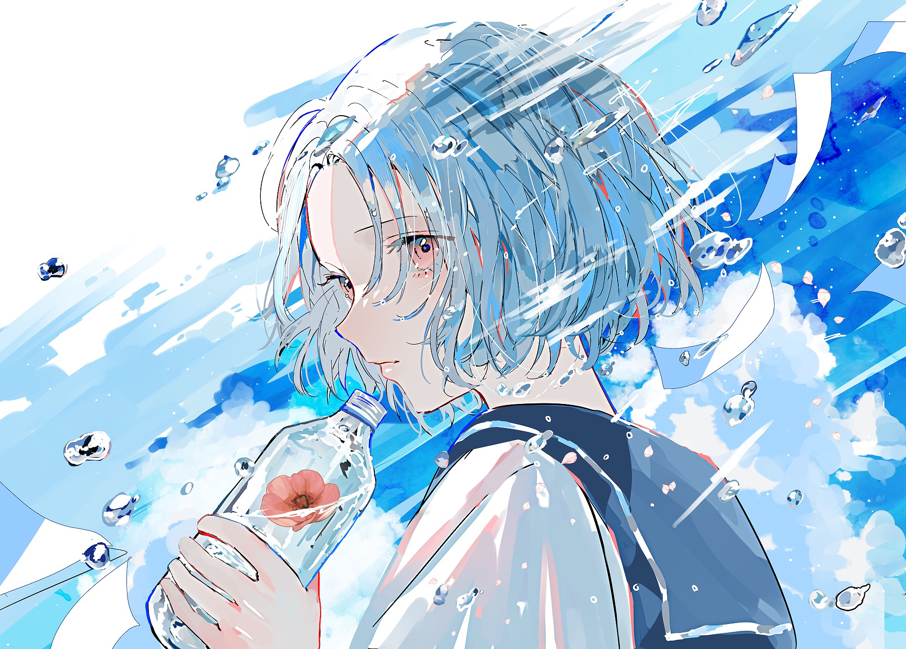1girl anemone_(flower) blue_background blue_hair blue_sailor_collar blue_sky bottle closed_mouth cloud commentary_request flower flying_paper from_side hagimorijia hand_up highres holding holding_bottle looking_at_viewer original paper pink_eyes sailor_collar shirt short_hair sky solo upper_body water_bottle water_drop white_shirt