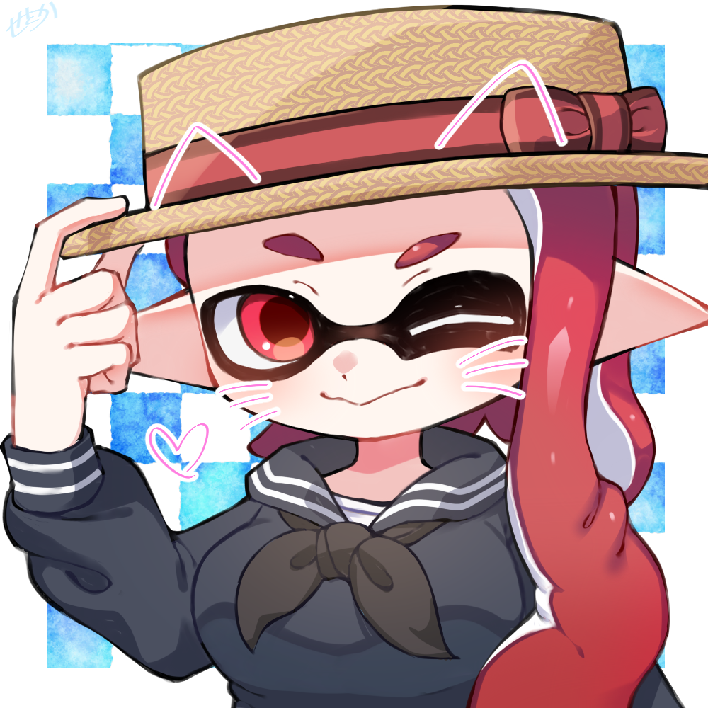 1girl amakusa_setoka ascot black_ascot black_sailor_collar black_serafuku blue_background boater_hat bow breasts checkered_background domino_mask eyebrows facial_mark female_focus hat_tip heart inkling inkling_girl inkling_player_character long_hair looking_at_viewer mask matching_hair/eyes nintendo one_eye_closed pointy_ears red_bow red_eyes red_hair sailor_collar school_uniform serafuku single_sidelock small_breasts solo splatoon_(series) splatoon_3 tentacle_hair tentacles two-tone_background upper_body whisker_markings white_background wink