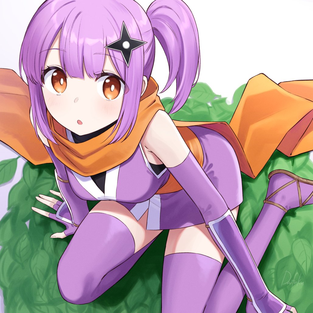 1girl :o artist_name daifuku_(tkja3555) hair_ornament japanese_clothes kimono kusagakure_satoko leaf long_scarf ninja ninja_to_koroshiya_no_futarigurashi open_mouth orange_eyes orange_sash orange_scarf purple_hair purple_kimono scarf shuriken_hair_ornament side_ponytail simple_background sleeveless sleeveless_kimono solo waraji wrist_guards