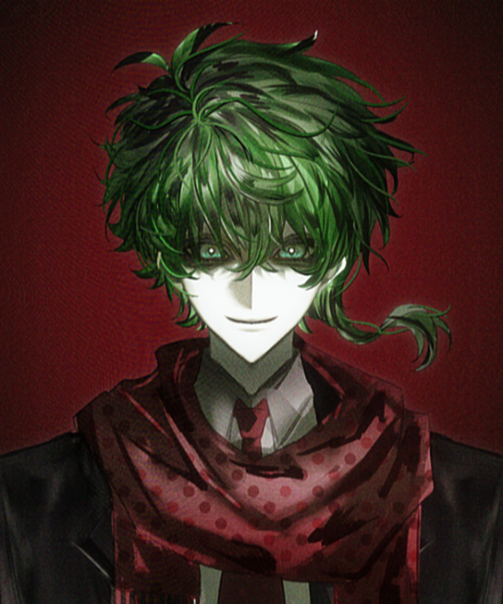 1boy absurdres black_jacket bright_pupils closed_mouth collared_shirt commentary film_grain green_eyes green_hair hair_between_eyes highres jacket kimi_ga_shine looking_at_viewer male_focus midori_(kimi_ga_shine) moyu_shuang necktie pale_skin polka_dot polka_dot_scarf portrait red_background red_necktie red_scarf scarf shirt smile solo white_pupils white_shirt
