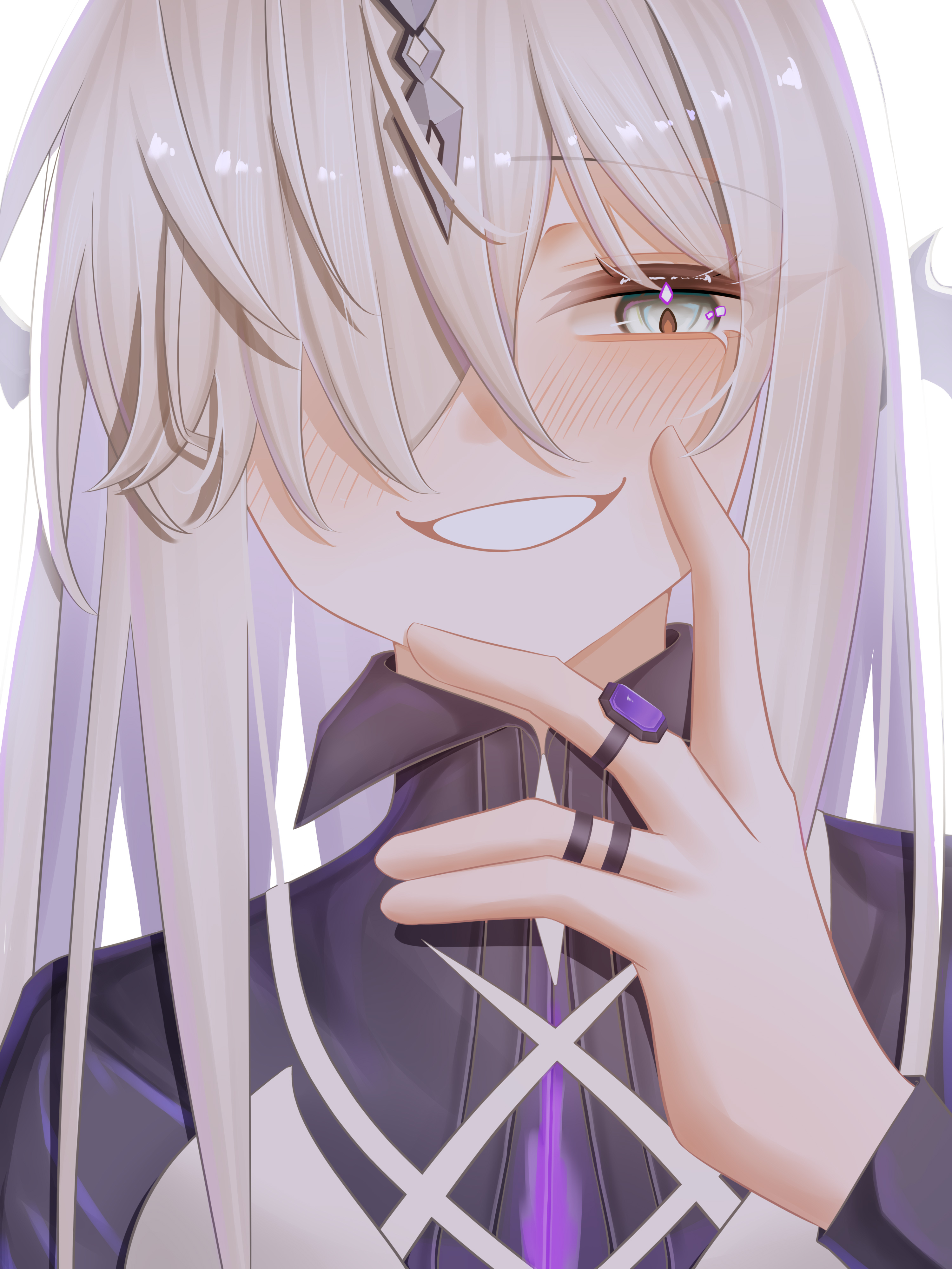 1girl absurdres airtair arknights black_shirt blush clenched_teeth grey_hair hair_over_one_eye hand_up high_collar highres horns jewelry long_hair looking_at_viewer necrass_(arknights) portrait ring shirt smile solo teeth