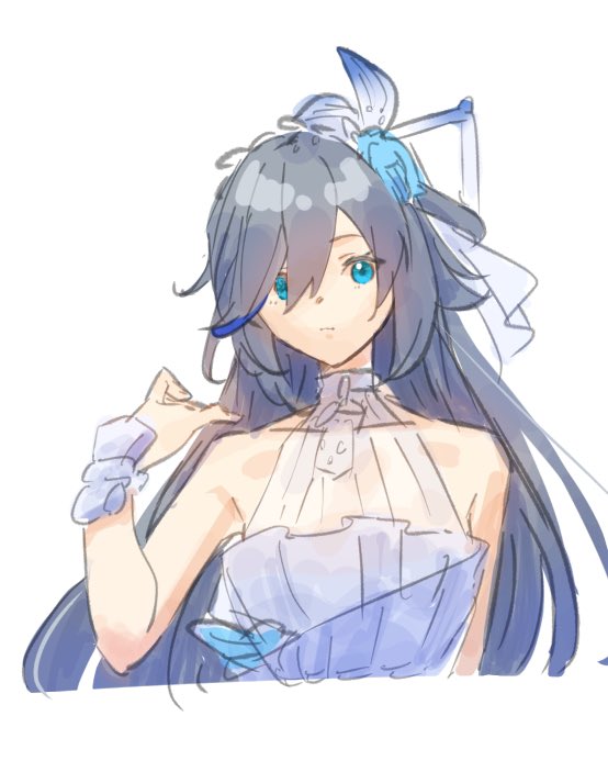 1girl bare_shoulders bird_hair_ornament blue_eyes blue_hair bow closed_mouth dmr_pic dress earrings fu_hua fu_hua_(azure_empyrea) fu_hua_(cerulean_court) grey_hair hair_bow hair_ornament hair_over_one_eye halter_dress halterneck honkai_(series) honkai_impact_3rd jewelry long_hair looking_at_viewer multicolored_dress official_alternate_costume simple_background single_earring sleeveless sleeveless_dress solo wedding_dress white_background white_dress