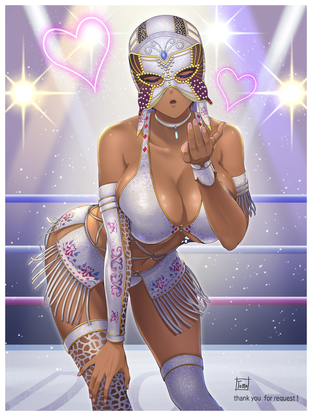 bikini bikini_top_only blowing_kiss bow breasts butterfly_mask choker cleavage closed_eyes dark-skinned_female dark_skin dead_or_alive dress female_focus hand_on_own_knee highres la_mariposa_(doa) large_breasts lisa_hamilton luchador_mask mask solo swimsuit thighhighs tomo_eokaiteru white_bikini white_dress white_thighhighs wrestling_outfit wrestling_ring