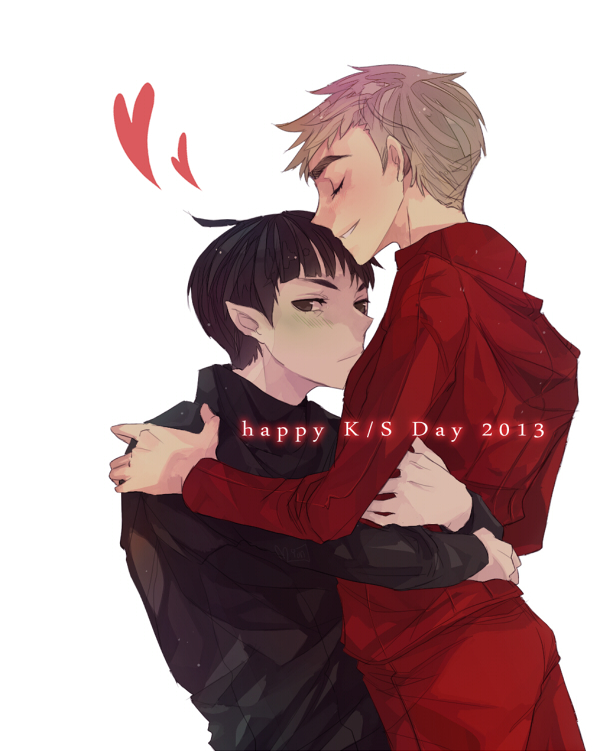 2013 2boys hug james_tiberius_kirk multiple_boys pointy_ears spock star_trek tagme vulcan white_background