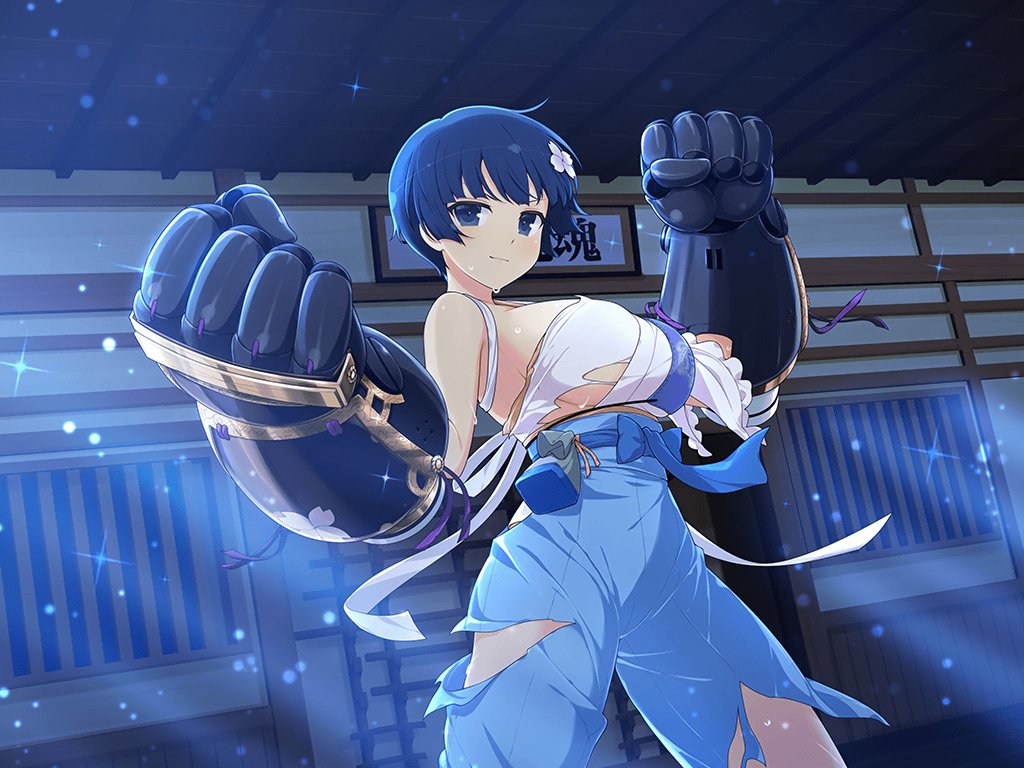 1girl armor blue_eyes blue_hair bowl_cut breastplate closed_mouth dojo fighting_stance flower gauntlets hair_flower hair_ornament indoors japanese_clothes kimono moonlight official_art power_fist senran_kagura senran_kagura_new_link smile sweat torn_clothes torn_kimono yozakura_(senran_kagura)
