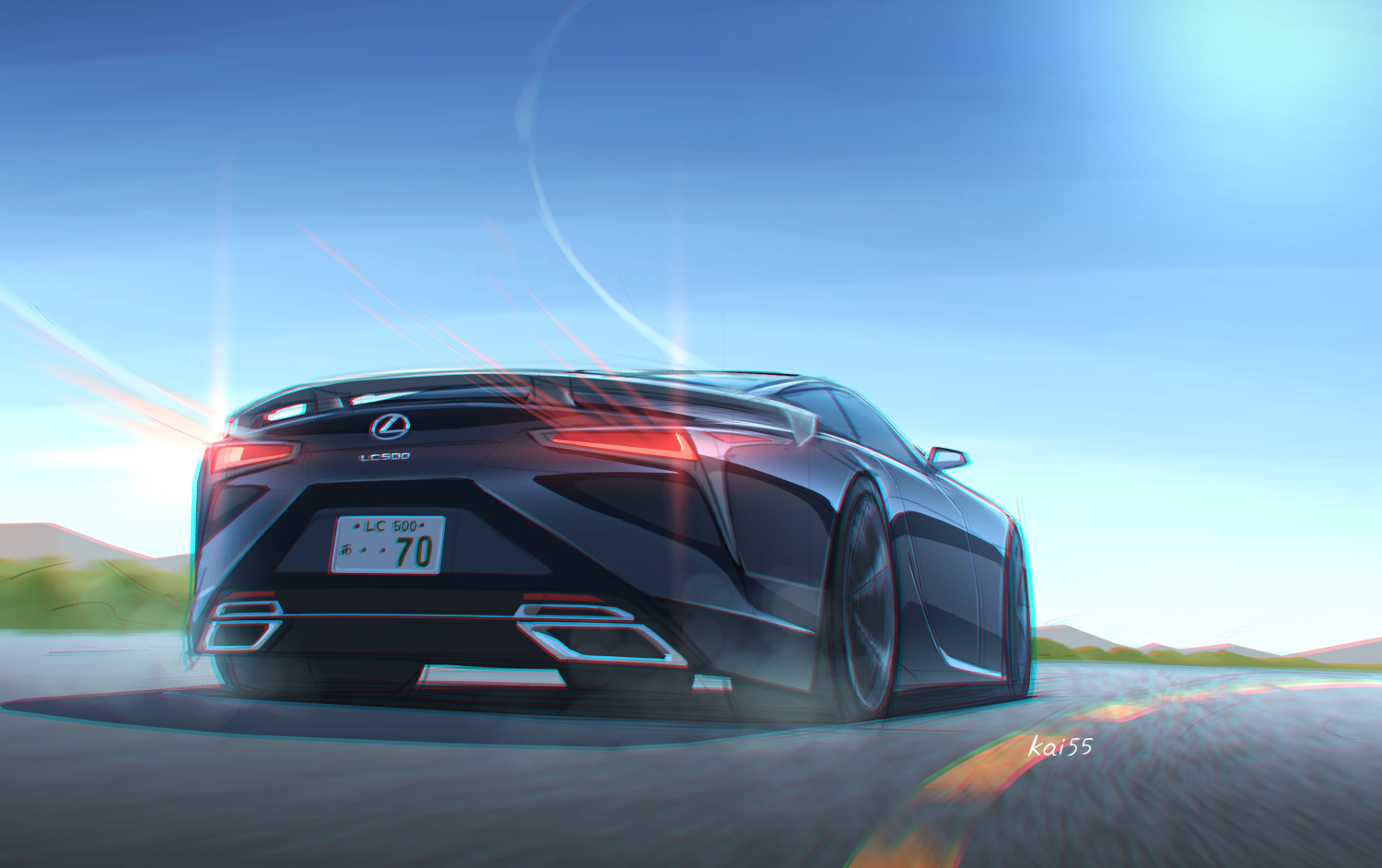 artist_name car driving from_behind kai55 lexus lexus_lc license_plate logo motor_vehicle no_humans original road vehicle_focus