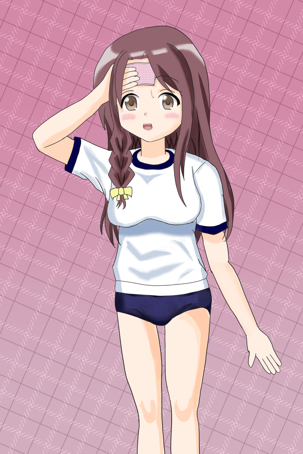 1girl :d artist_request blue_buruma bow breasts brown_eyes brown_hair buruma feet_out_of_frame gym_shirt gym_uniform hair_bow hair_intakes hair_ornament highres kin-iro_mosaic looking_at_viewer matsubara_honoka medium_breasts open_mouth plaid_background purple_background shirt short_sleeves smile teeth upper_teeth_only white_shirt yellow_bow