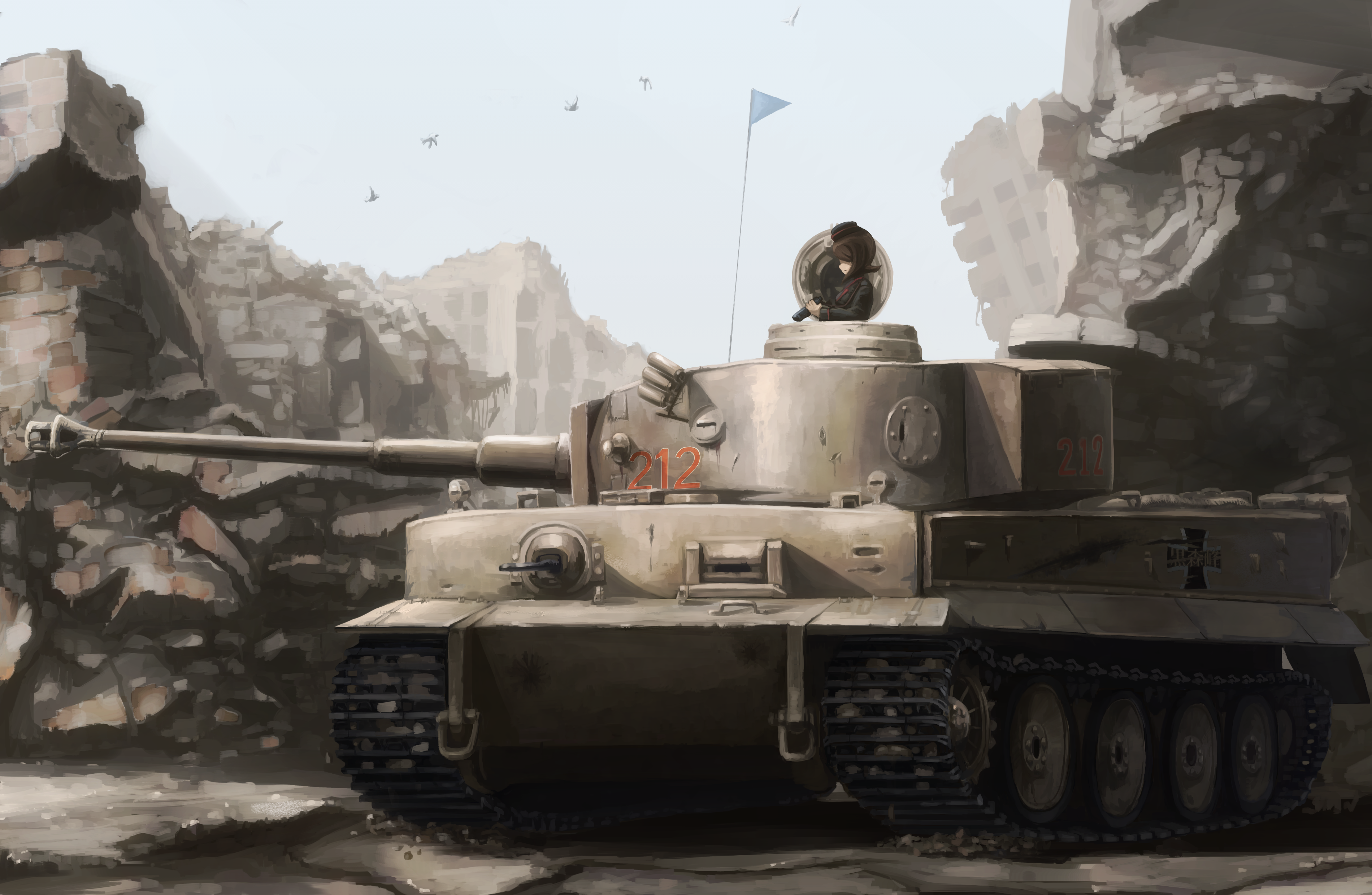 1girl absurdres binoculars bird black_hat black_jacket brown_hair building dai_toro day debris destruction emblem female_focus garrison_cap girls_und_panzer grey_sky hat highres holding holding_binoculars jacket kuromorimine_(emblem) kuromorimine_military_uniform long_sleeves military military_hat military_uniform military_vehicle motor_vehicle nishizumi_maho outdoors sky solo tank tiger_i vehicle_focus