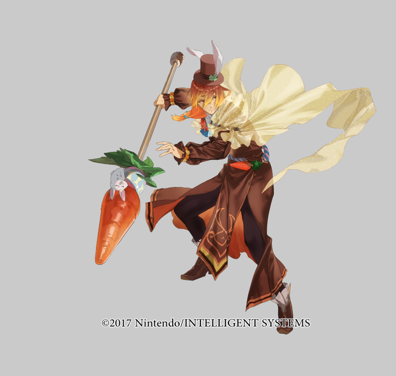 1boy animal_ears brown_eyes circlet copyright_notice fake_animal_ears fire_emblem fire_emblem_echoes:_shadows_of_valentia fire_emblem_heroes full_body grey_background hat hat_with_ears holding holding_polearm holding_weapon long_hair low-tied_long_hair luthier_(fire_emblem) luthier_(spring)_(fire_emblem) male_focus mayo_(becky2006) nintendo official_art orange_hair polearm rabbit_ears solo weapon
