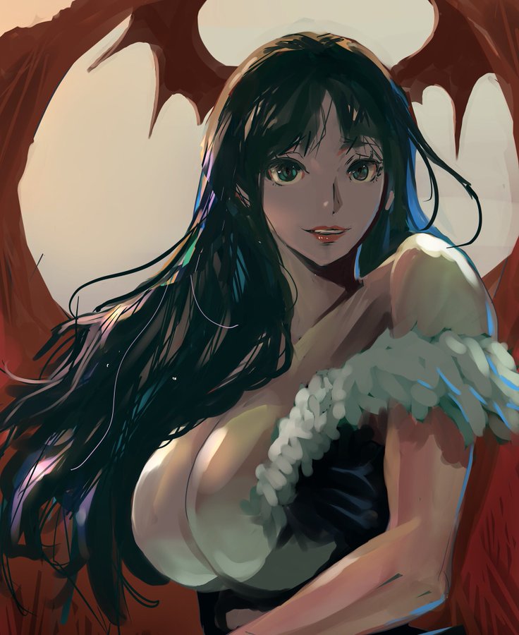 1girl bare_arms bare_shoulders breasts capcom cleavage clothing_cutout cutout demon_girl facing_viewer green_hair head head_wings heart huge_breasts large_breasts long_hair looking_at_viewer meke_(77842928) morrigan_aensland no_bra parted_lips solo upper_body darkstalkers wings