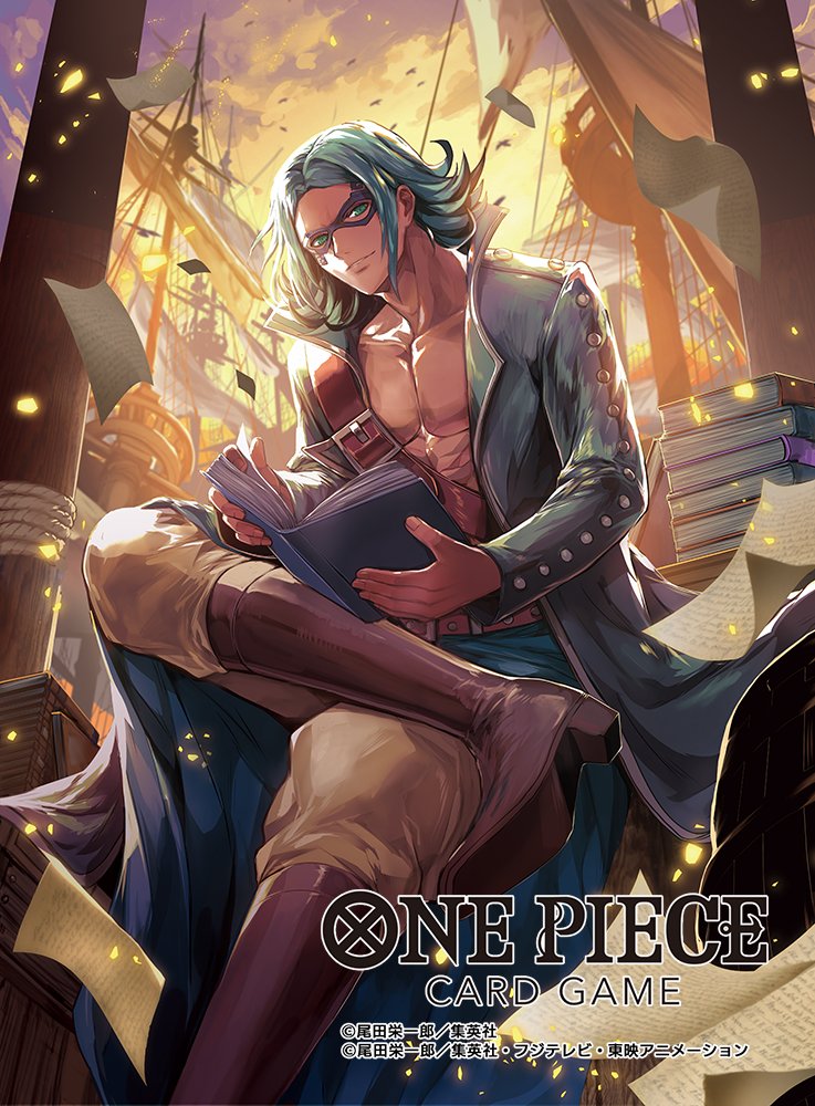 1boy black_coat book boots coat copyright_name crossed_legs curly_hair english_text eye_mask green_eyes green_hair holding holding_book knee_boots light_particles looking_at_viewer male_focus masked_deuce mast medium_hair moreshan muscular muscular_male official_art one_piece one_piece_card_game open_clothes pages parted_lips sail ship sitting smile sunset watercraft