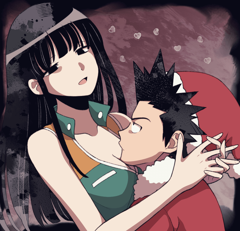 1boy 1girl black_eyes black_hair closed_mouth hat heart linda_cube long_hair minashirazu neku_(linda_cube) open_mouth sachiko_(linda_cube) santa_costume santa_hat short_hair sleeveless smile spiked_hair