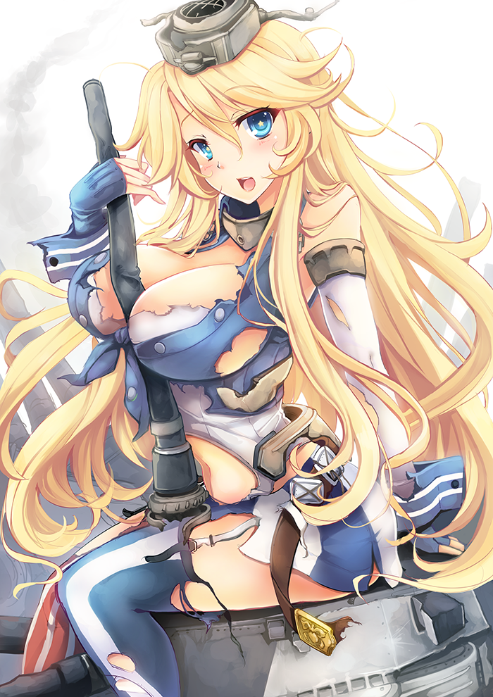 10s 1girl american_flag american_flag_legwear arm_support asymmetrical_legwear bare_shoulders blonde_hair blue_eyes blush breasts cleavage_cutout clothing_cutout commentary_request detached_sleeves elbow_gloves female_focus fingerless_gloves flag_print from_side front-tie_top garter_straps gloves goushou hair_between_eyes headgear iowa_(kancolle) kantai_collection large_breasts long_hair looking_at_viewer miniskirt mismatched_legwear navel navel_cutout open_mouth sitting skirt solo star-shaped_pupils star_(symbol) striped_clothes striped_thighhighs symbol-shaped_pupils thighhighs tongue torn_clothes torn_thighhighs vertical-striped_clothes vertical-striped_thighhighs