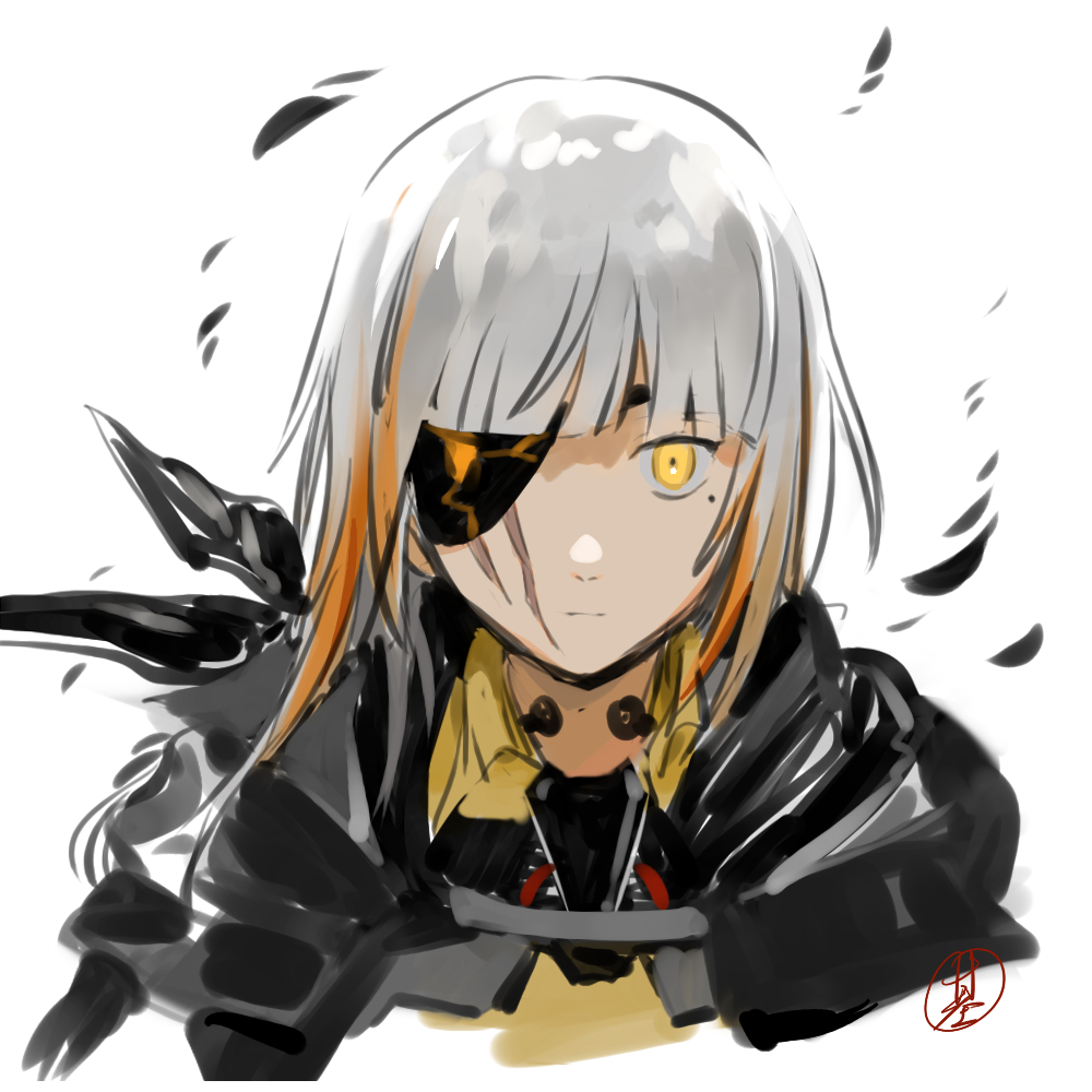 1girl bandana black_jacket chinese_commentary commentary_request eyepatch girls&#039;_frontline jacket jibao looking_at_viewer m16a1_(boss)_(girls&#039;_frontline) m16a1_(girls&#039;_frontline) mole mole_under_eye multicolored_hair orange_hair portrait scar scar_on_face shirt solo streaked_hair throat_microphone white_background white_hair yellow_eyes yellow_shirt