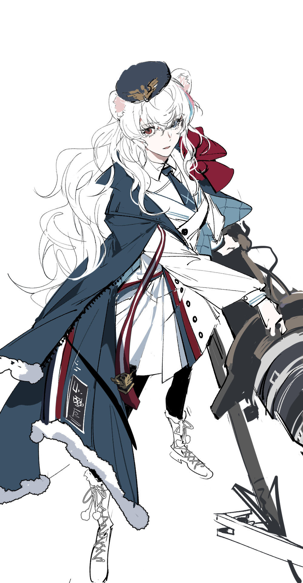 1girl animal_ears arknights bear_ears black_pantyhose blue_coat blue_eyes blue_hair blue_hat blue_necktie boots cannon chinese_commentary coat coat_on_shoulders commentary_request full_body harpoon harpoon_cannon harpoon_gun hat heterochromia highres holding holding_weapon jacket long_hair long_sleeves looking_at_viewer military_hat multicolored_hair necktie pantyhose parted_lips partially_colored pink_hair red_eyes rosa_(arknights) simple_background skirt solo standing streaked_hair unfinished weapon white_background white_boots white_hair white_jacket white_skirt xiandao1213