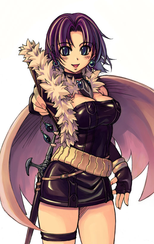 1girl alchemist amulet beads blue_eyes bracelet breasts cleavage dress earrings female_focus jewelry large_breasts leather mil_(xration) necklace purple_hair ragnarok_online scabbard sheath short_hair simple_background smile solo sword talisman weapon