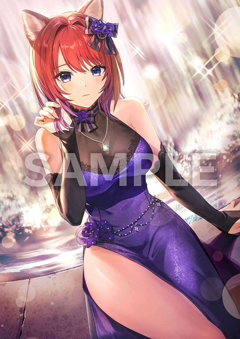 1girl animal_ears atelier_(series) atelier_resleriana atelier_resleriana:_the_red_alchemist_&amp;_the_white_guardian black_gloves bow cat_ears cat_girl dress elbow_gloves gloves gradient_hair hair_bow looking_at_viewer multicolored_hair official_art purple_dress red_hair rias_eidreise sample_watermark side_slit sitting sparkle water watermark