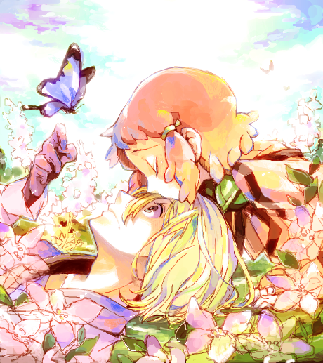 10s 1boy 1girl aquarion_(series) aquarion_evol blonde_hair blush coat dorayan dress closed_eyes kissing_forehead gloves hetero jin_musou kiss kissing_forehead multicolored_hair orange_hair purple_hair short_hair yunoha_thrul