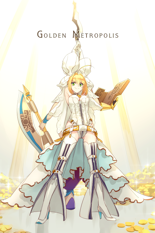 1boy 1girl aestus_estus ahoge arms_up axe back-to-back bare_shoulders belt blonde_hair blush breasts chain cleavage coin detached_collar detached_sleeves dingir_(fate) echo_(circa) elbow_gloves fate/grand_order fate_(series) flower_wreath full_body gilgamesh gilgamesh_(caster)_(fate) gilgamesh_(fate) gloves gold_coin green_eyes hair_between_eyes hair_intakes head_wreath high_heels highleg highleg_leotard large_breasts leotard lock long_hair looking_at_viewer nero_claudius_(bride)_(fate) nero_claudius_(bride)_(second_ascension)_(fate) nero_claudius_(fate) padlock pile_of_money puffy_sleeves smile solo_focus stone_tablet sword thighhighs veil weapon white_gloves white_leotard white_thighhighs wide_sleeves zipper