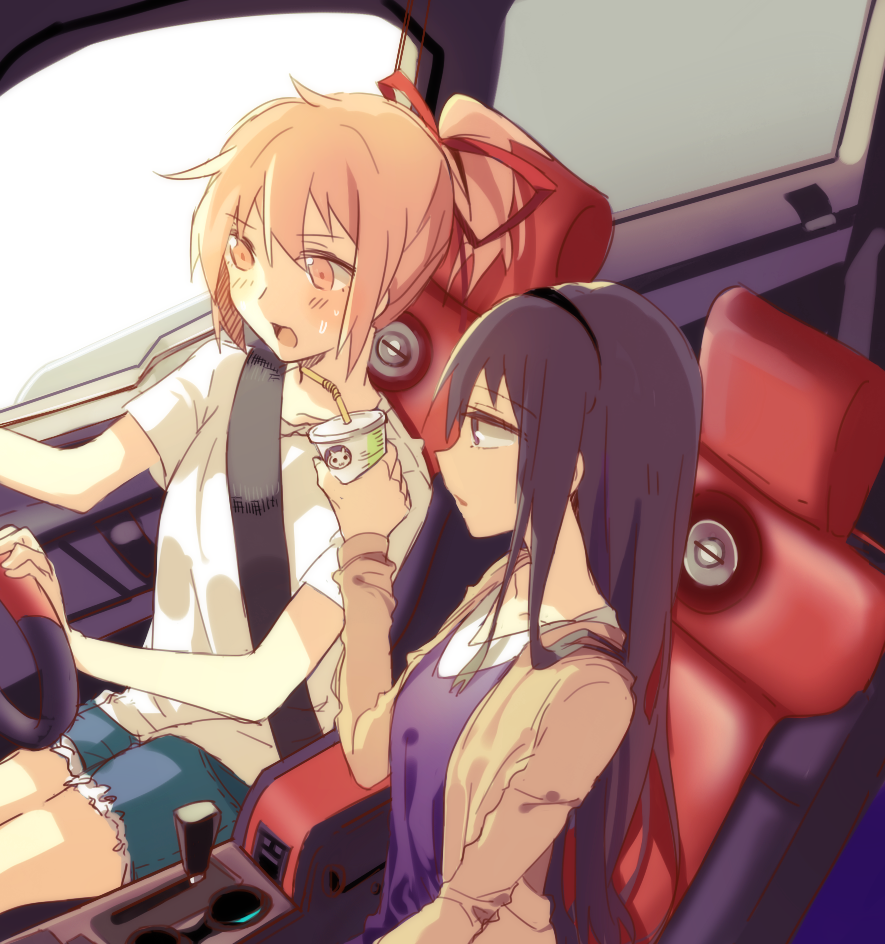 10s 2girls aged_up akemi_homura alternate_hairstyle black_hair car car_interior cardigan casual female_focus hair_ribbon hairband kaname_madoka kyubey long_hair mahou_shoujo_madoka_magica mahou_shoujo_madoka_magica_(anime) motor_vehicle multiple_girls open_mouth pink_eyes pink_hair ponytail purple_eyes ribbon seatbelt short_hair shorts sweat zgxuke